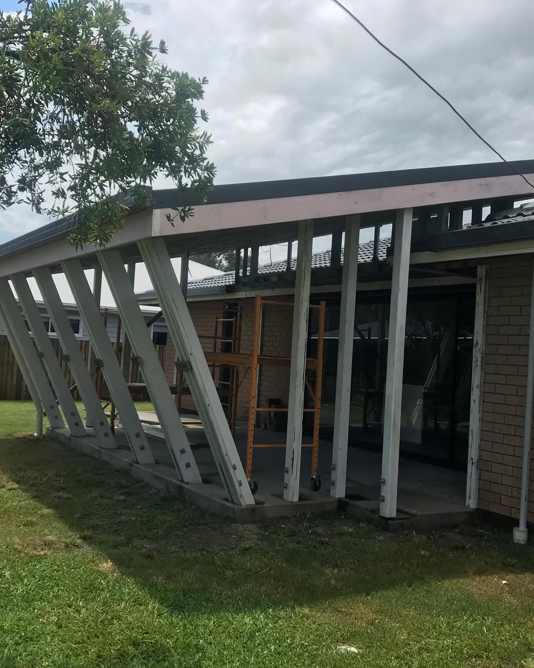 The new enclosure taking shape with angled timber posts and roof framing